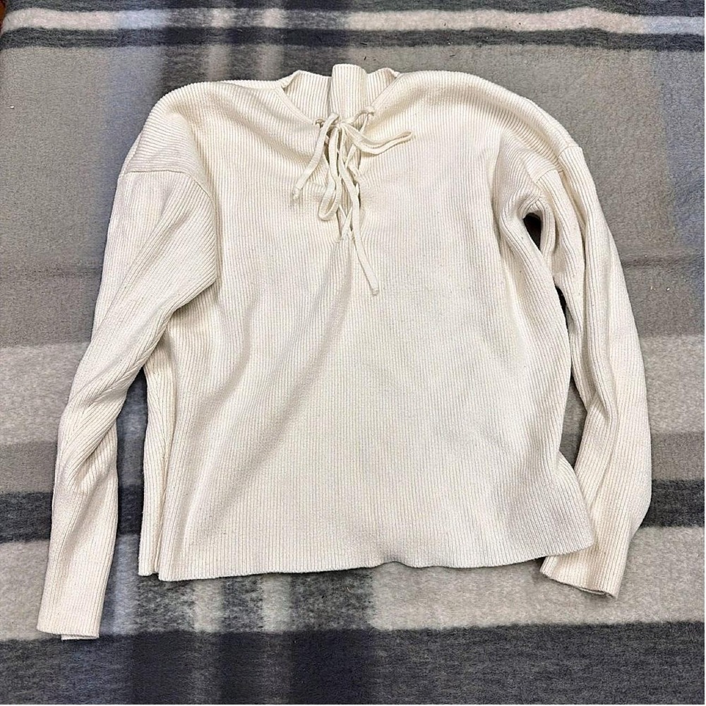 Level44 White Ribbed Knit Lace-Up Sweater.